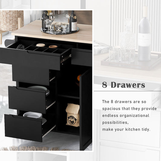K&K Kitchen Island Cart with 8 Drawers - Black