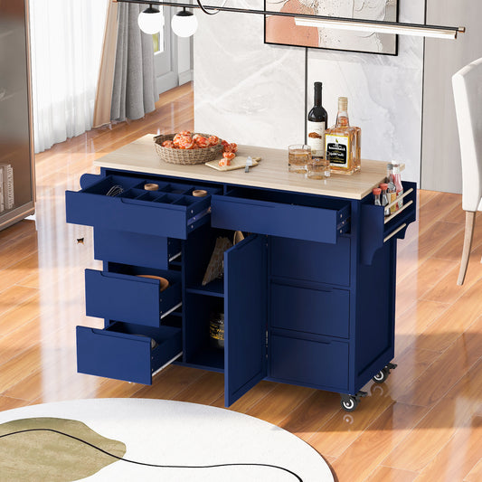 K&K Kitchen Island Cart with 8 Drawers - Dark Blue