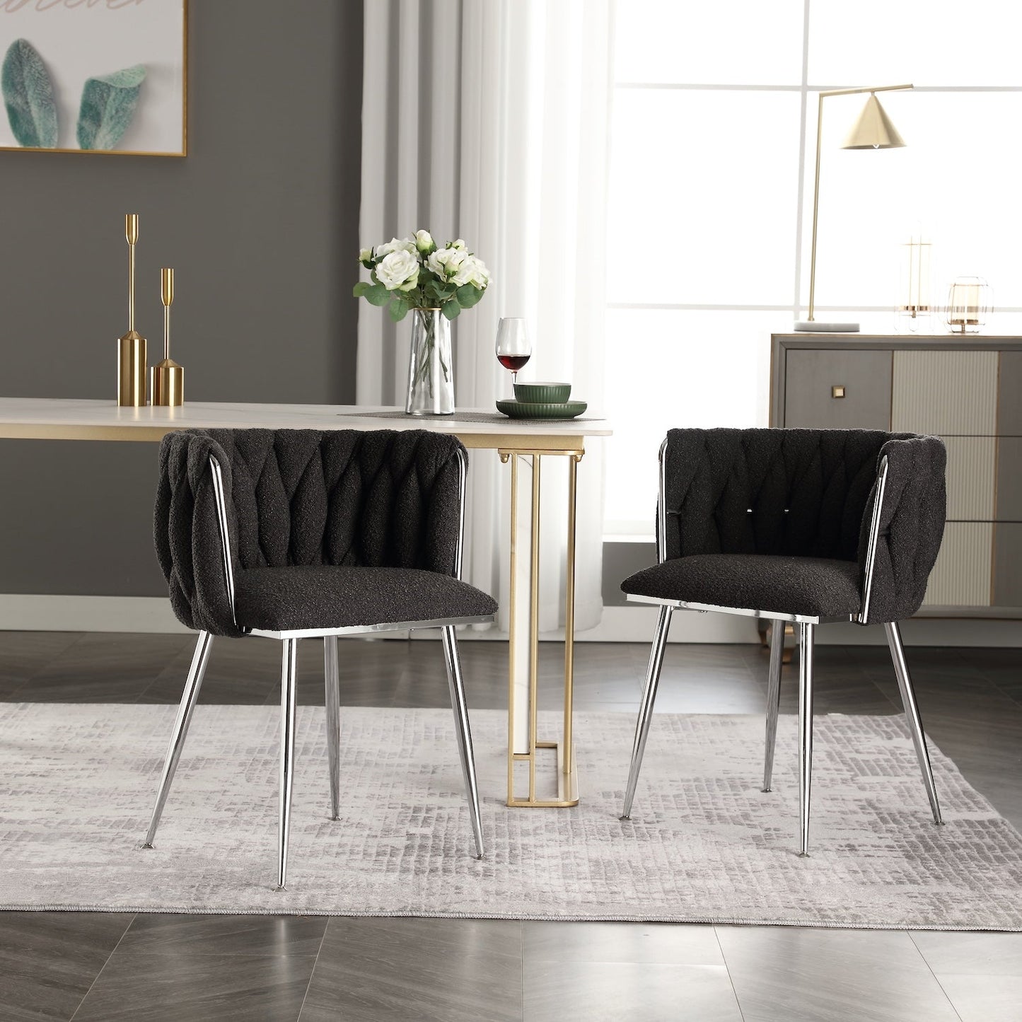 Coolmore Contemporary Woven Boucle Dining Chairs Set of 2 Black