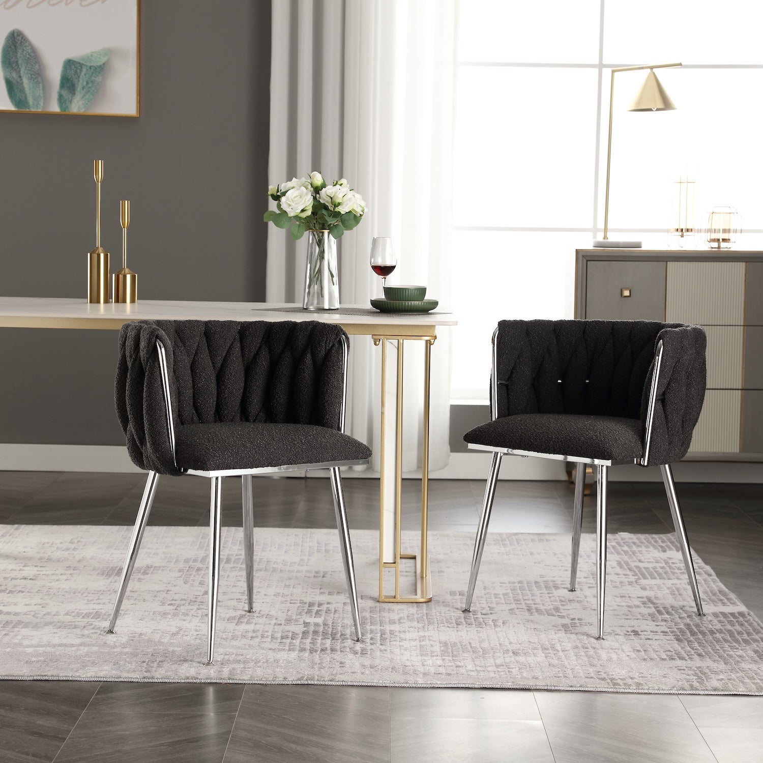 Coolmore Contemporary Woven Boucle Dining Chairs Set of 2 Black