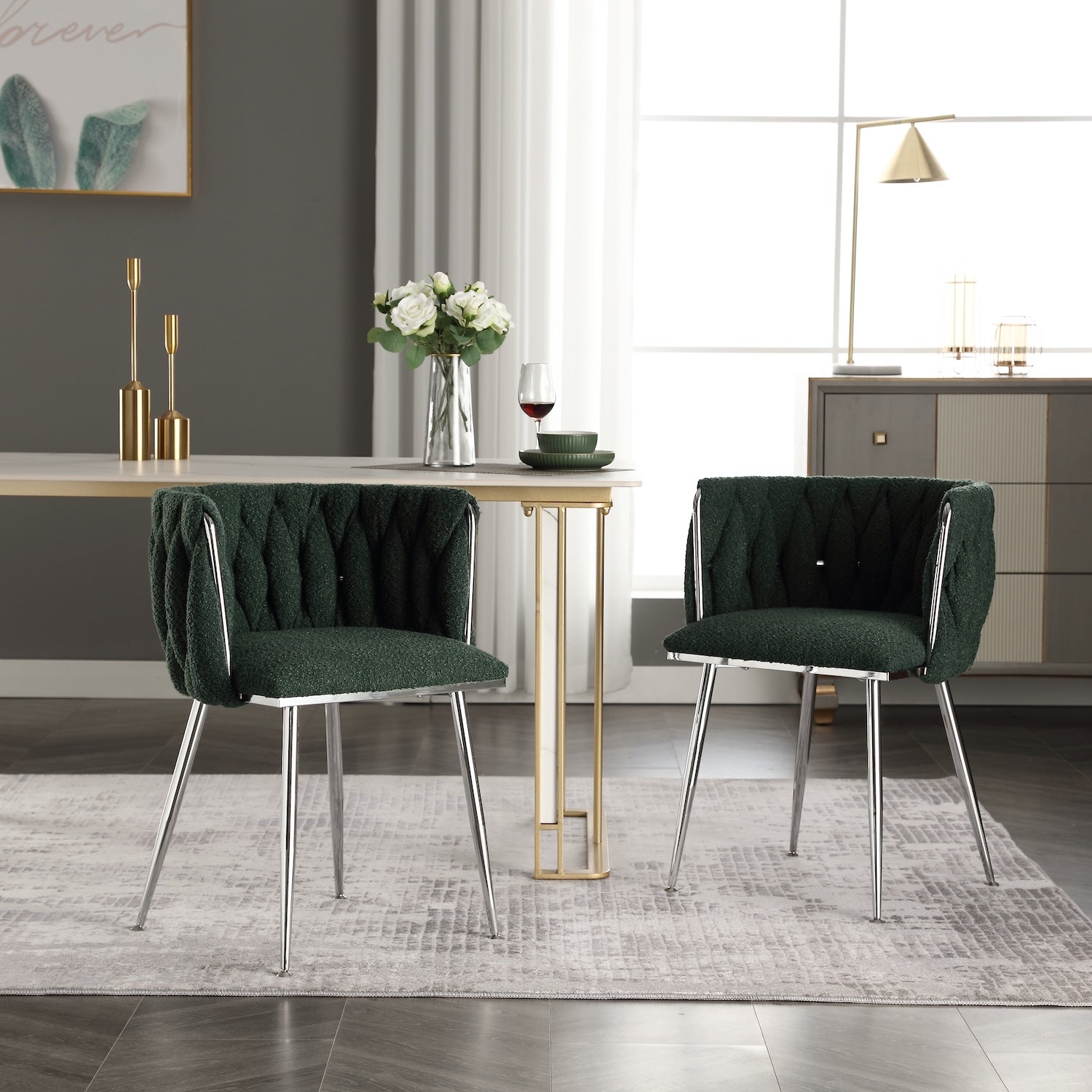 Coolmore Contemporary Woven Boucle Dining Chairs Set of 2 Emerald