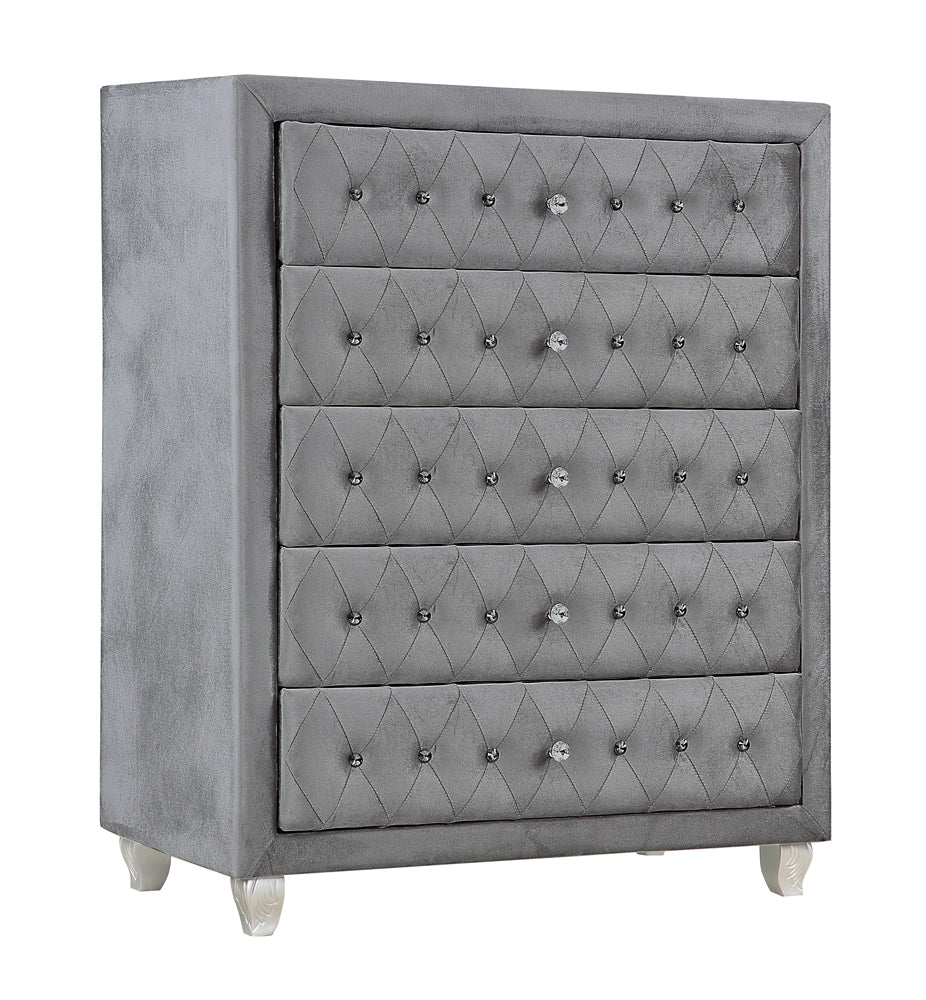 Cerci Tufted Gray Velvet King Bed with Carved Silver Feet