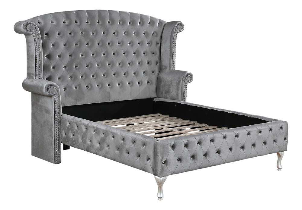 Cerci Tufted Gray Velvet Queen Bed with Carved Silver Feet