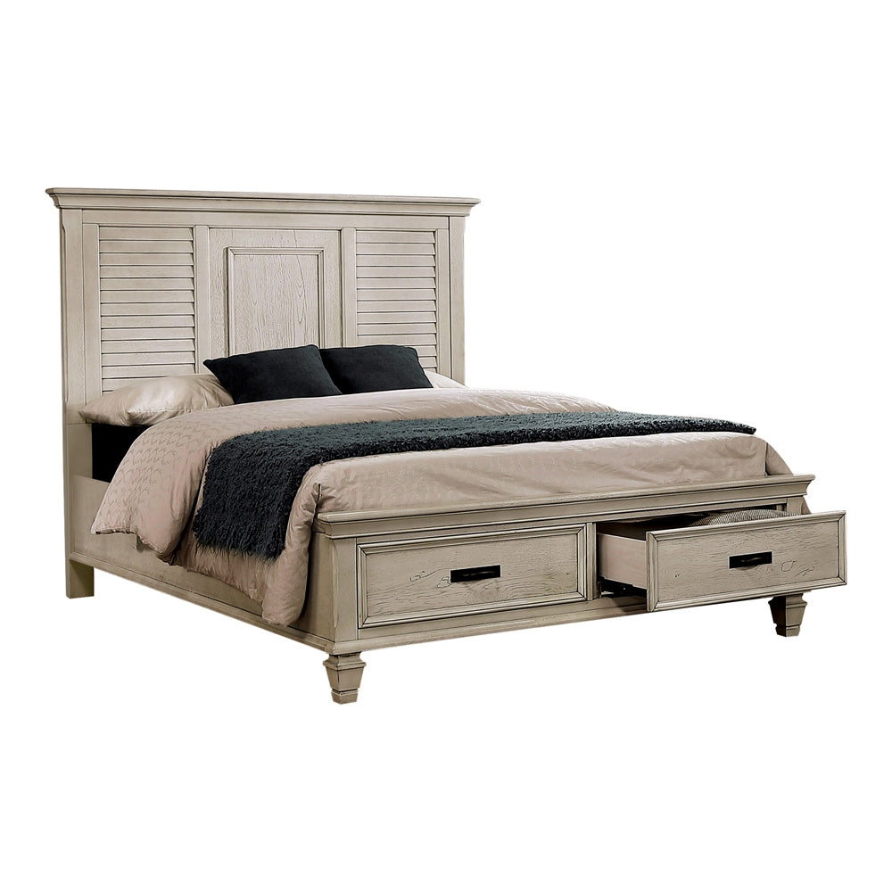 Franco II Modern Rustic Distressed White Finish Queen Storage Bed