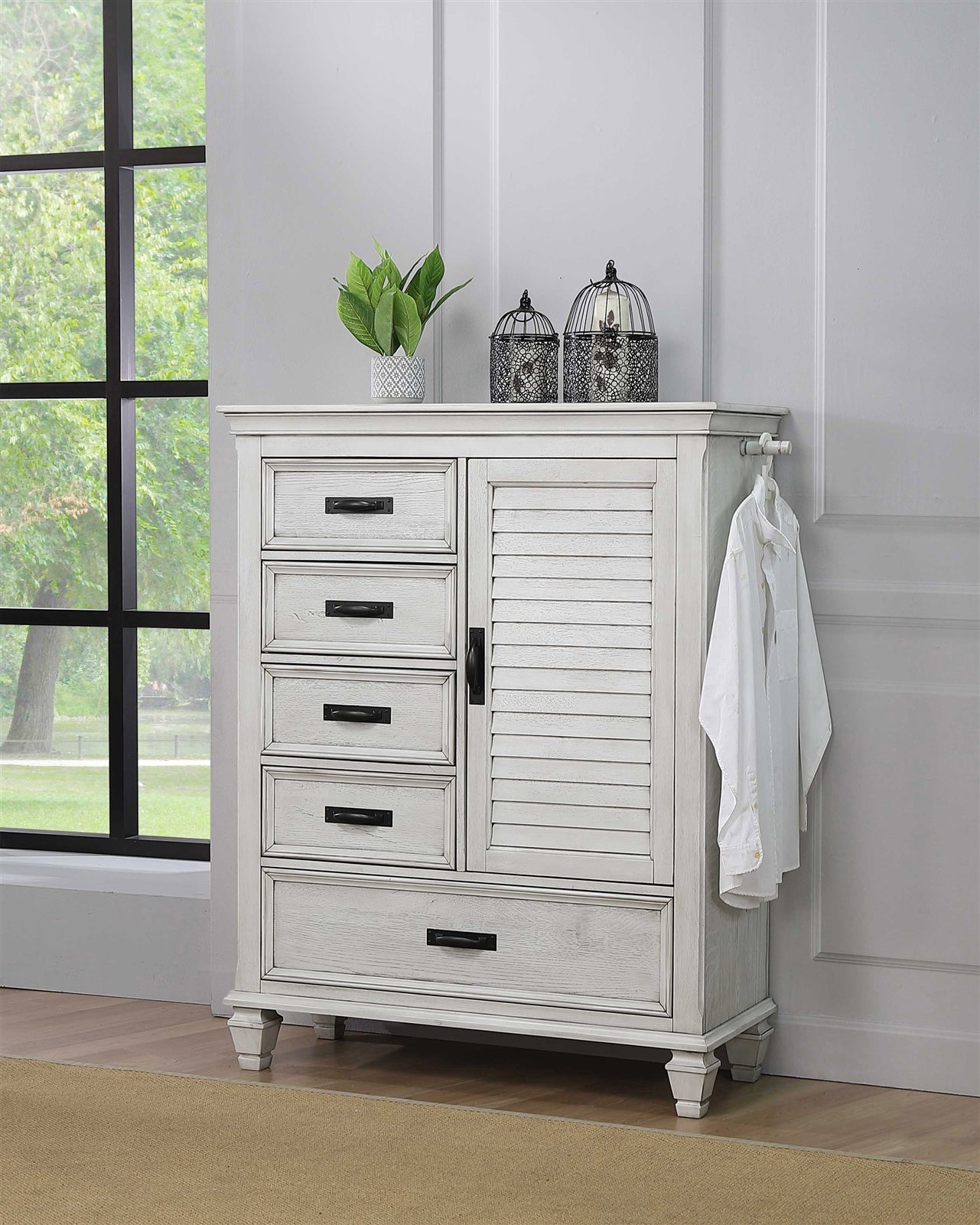 Franco Antique White Chest with Louvered Panel Door