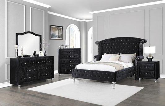 Cerci Tufted Black Velvet Queen Bed with Carved Silver Feet