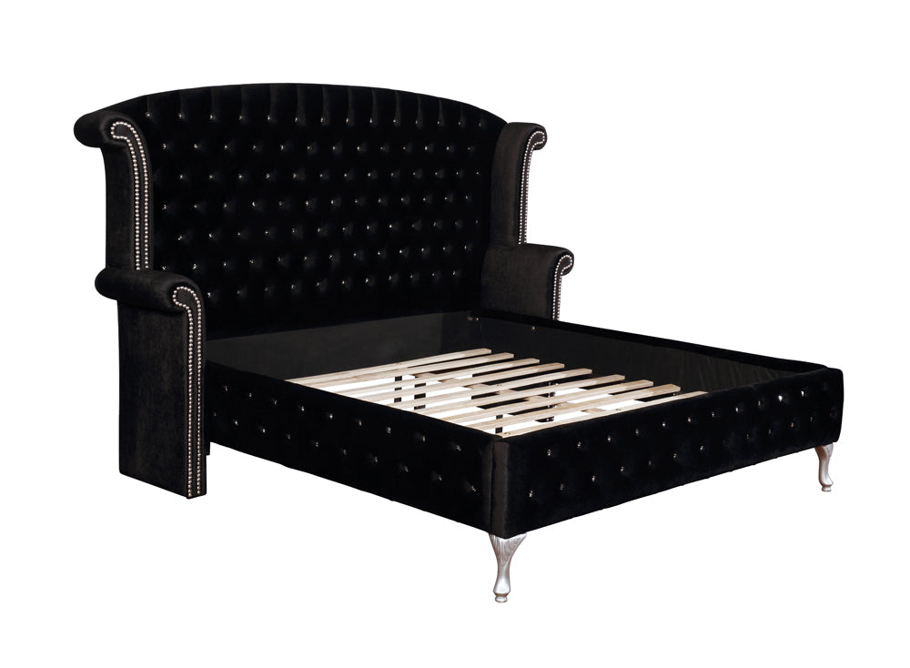 Cerci Tufted Black Velvet King Bed with Carved Silver Feet