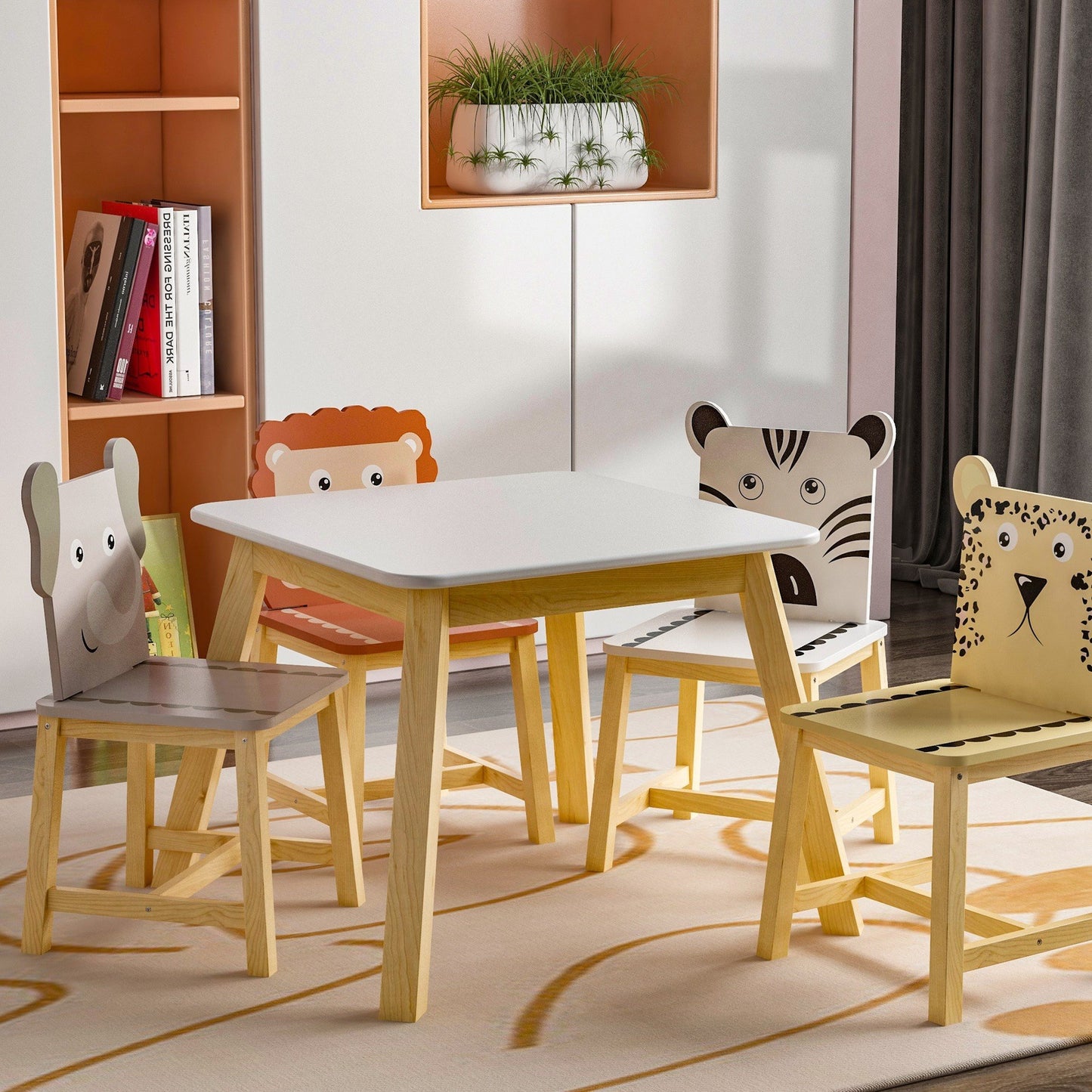 Moonriver Kids Wood Table with 4 Chairs Set Cartoon Animals