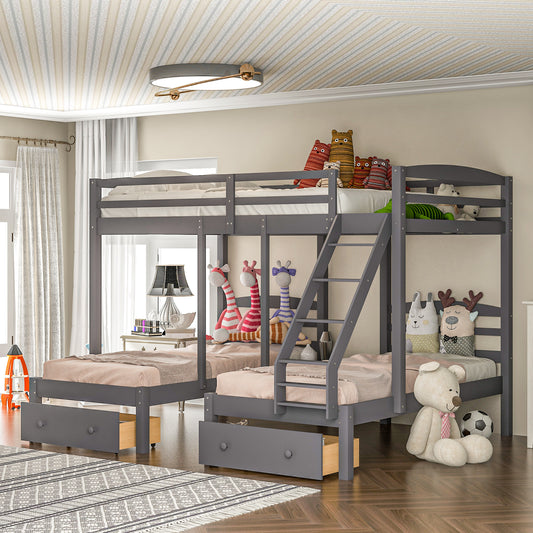 WM Store Full over Twin & Twin Bunk Bed,Triple Bunk Bed with Drawers, Gray
