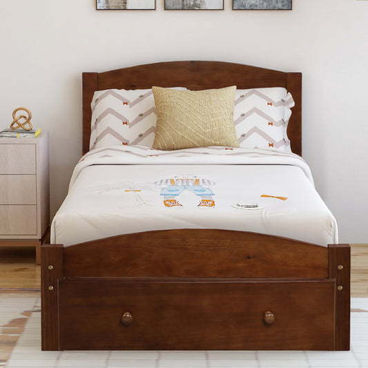 Homey Life Twin Platform Bed with Storage Drawer in Walnut