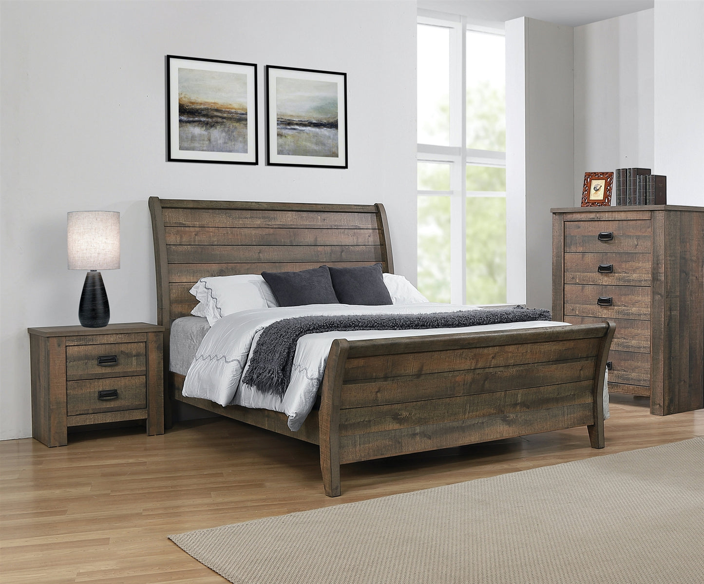 Frederick Rustic Plank Queen Sleigh Bed in Weathered Oak