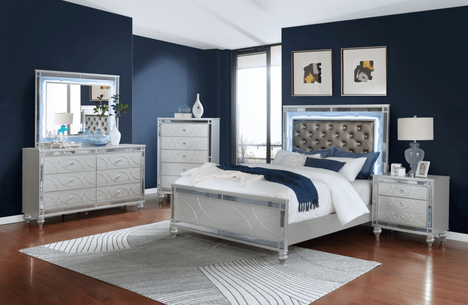 Gunnison Eastern King Panel Bed With LED Lighting Silver Metallic