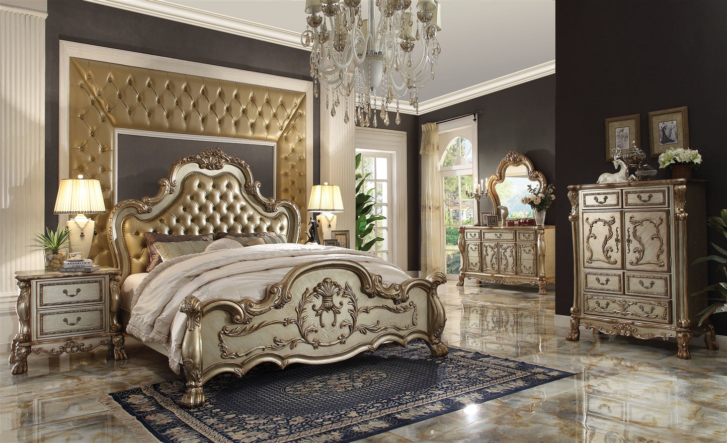 Dresden Eastern King Bed in Gold Finish with Padded Headboard