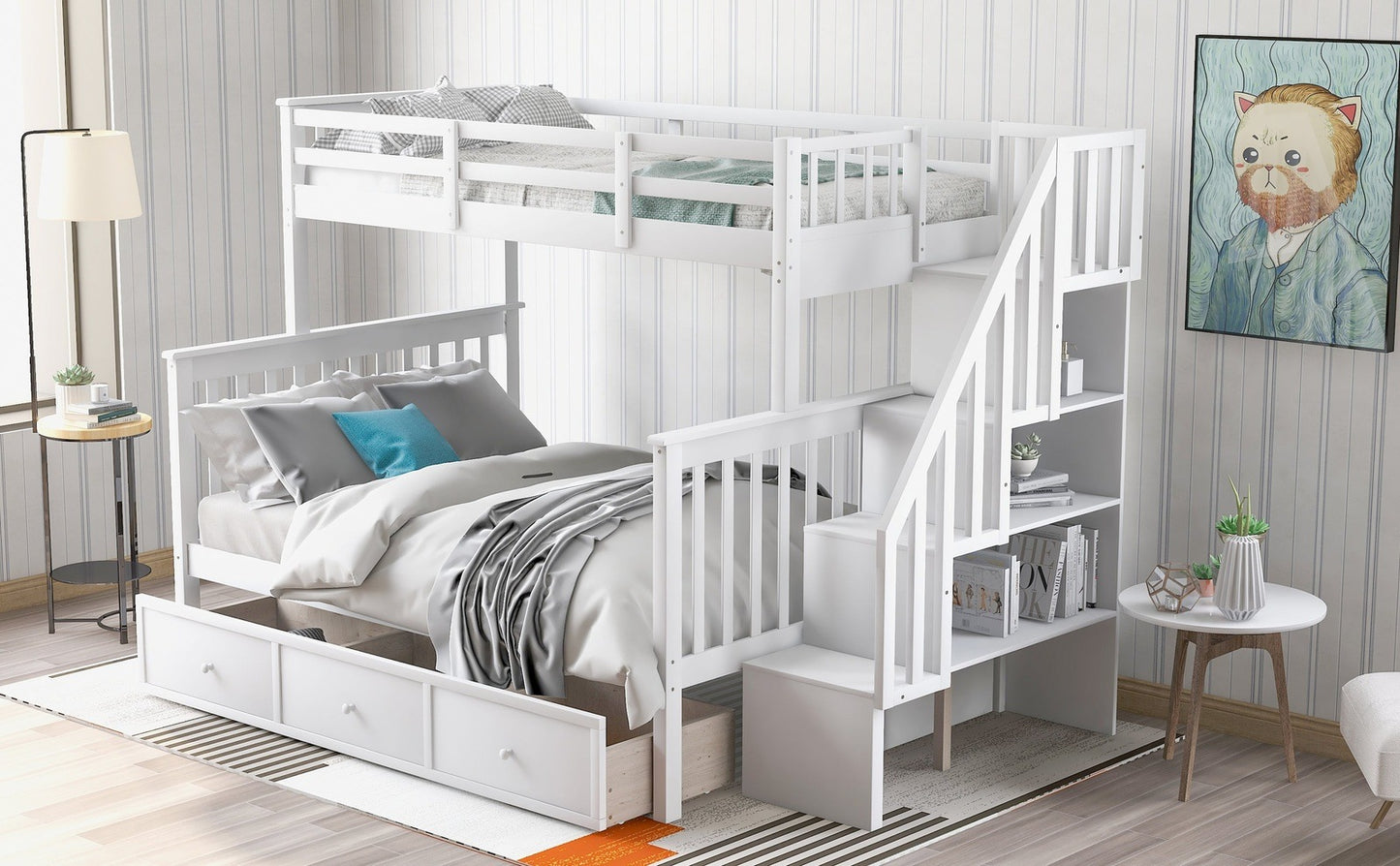 Stairway Twin-Over-Full Bunk Bed with Drawer - White