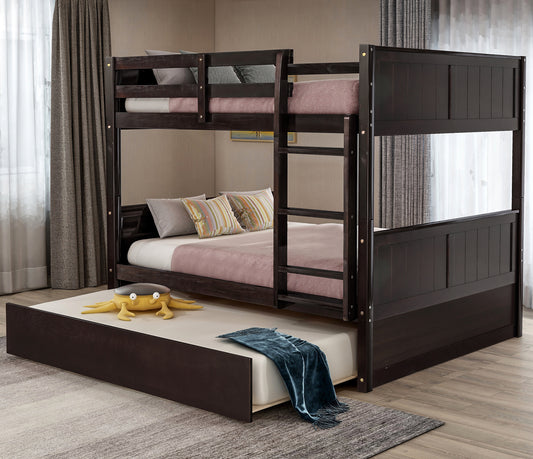Homey Life Full Over Full Bunk Bed with Twin Size Trundle, Espresso