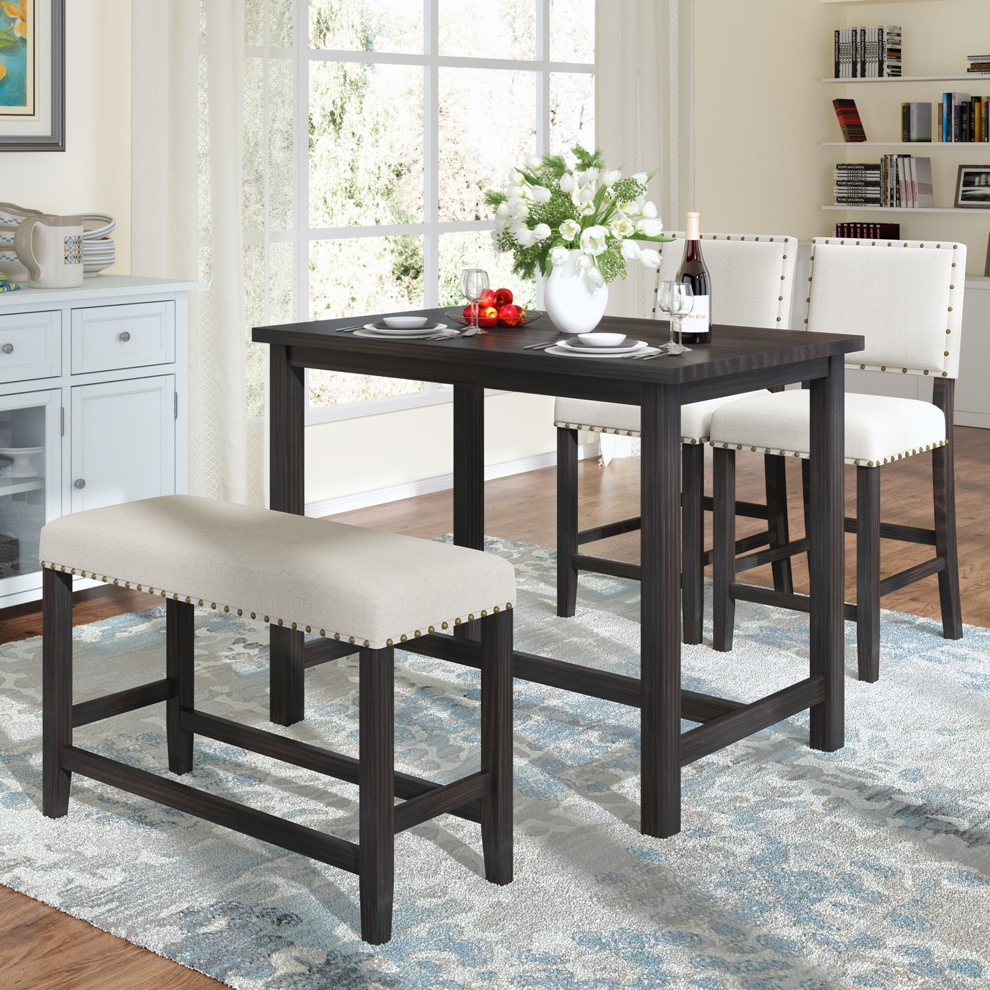 TOPMAX 4 Piece Rustic Wooden Counter Height Dining Table Set with Upholstered Bench