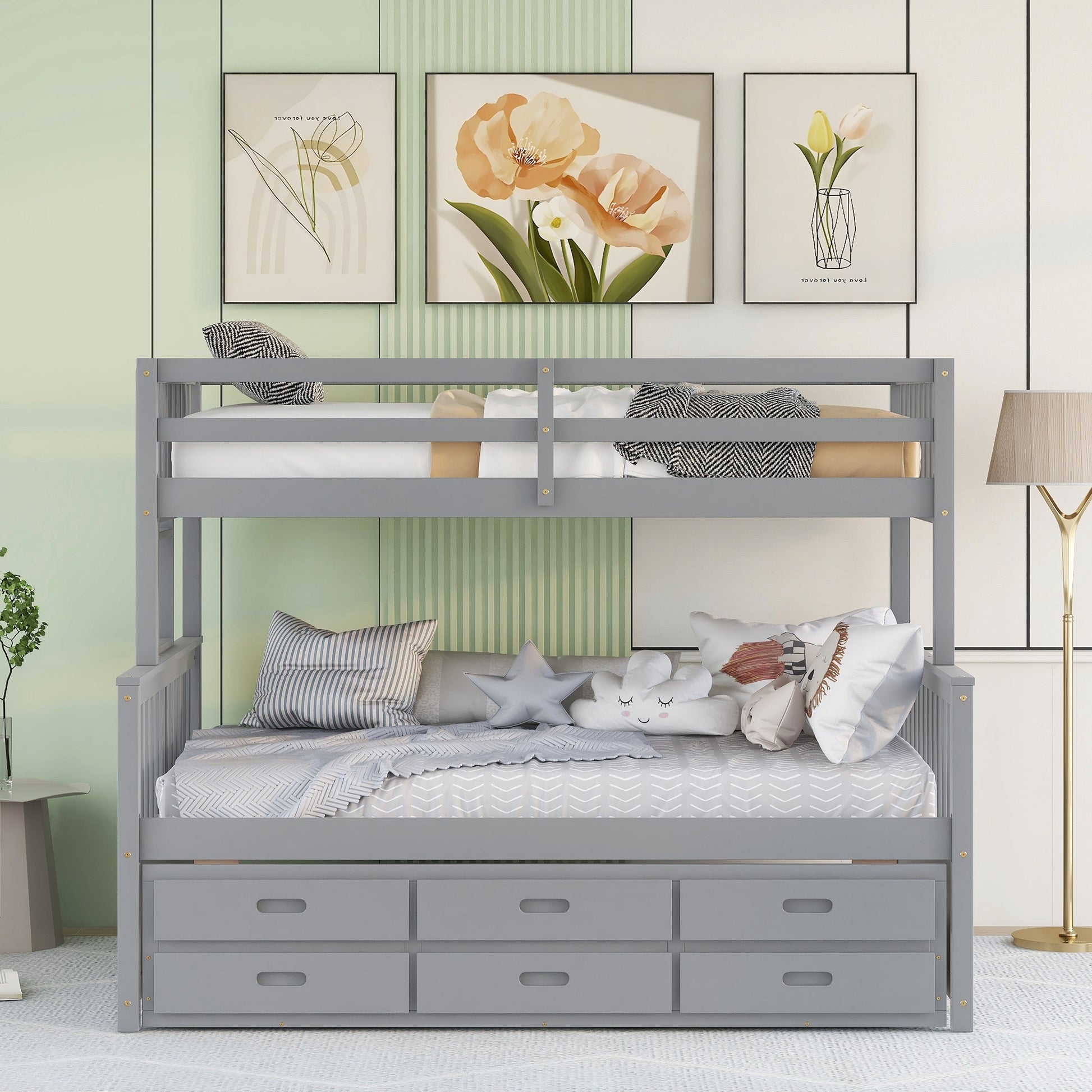 Twin-Over-Full Bunk Bed with Twin size Trundle , Separable Bunk Bed with Drawers for Bedroom - Gray