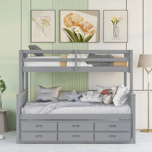 Homey Life Twin-Over-Full Bunk Bed with Twin size Trundle , Separable Bunk Bed with Drawers for Bedroom - Gray