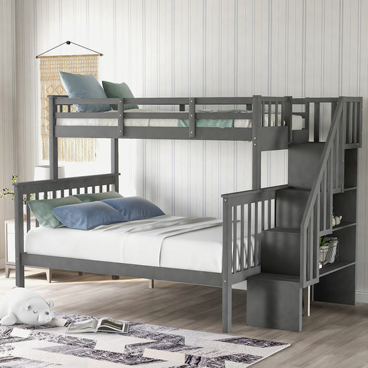 Homey Life Stairway Twin-Over-Full Bunk Bed with Storage and Guard Rail for Bedroom, Gray