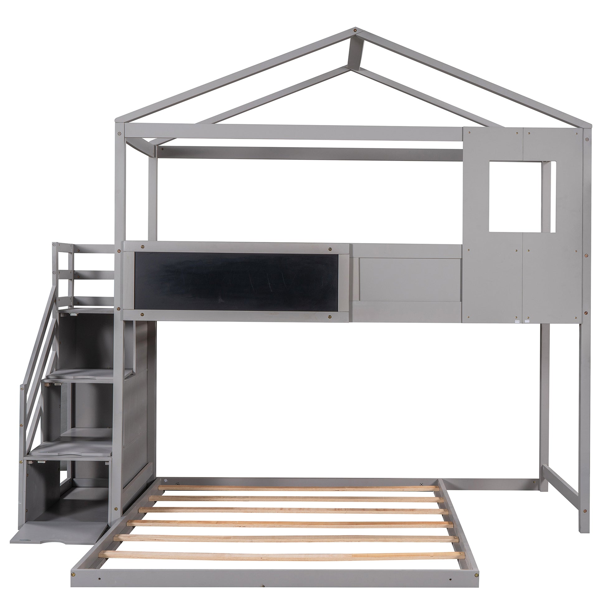 Twin over Full House Bunk Bed with Storage Staircase and Blackboard,Grey