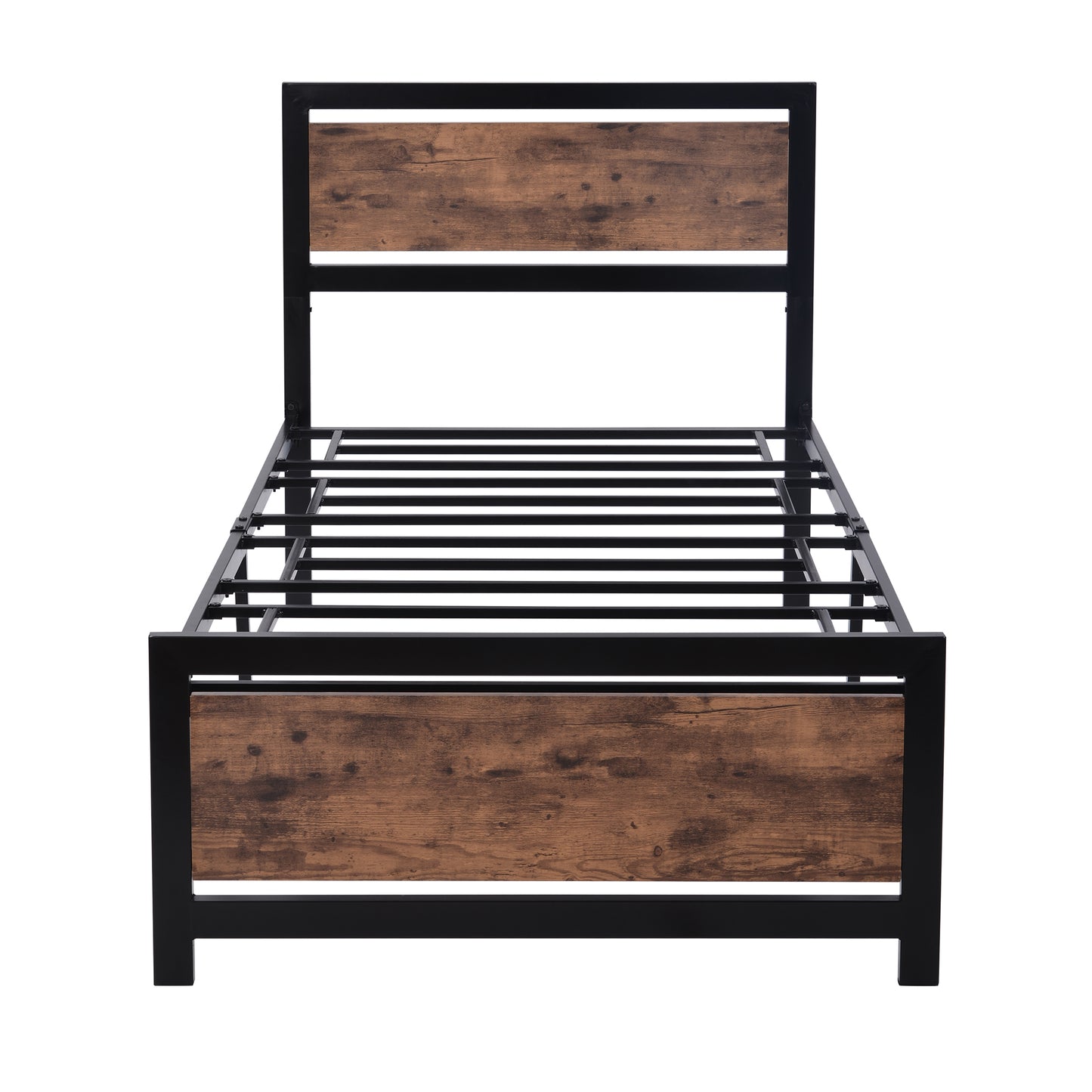 Modern Twin Size Metal Bed with Wood Accents in Black