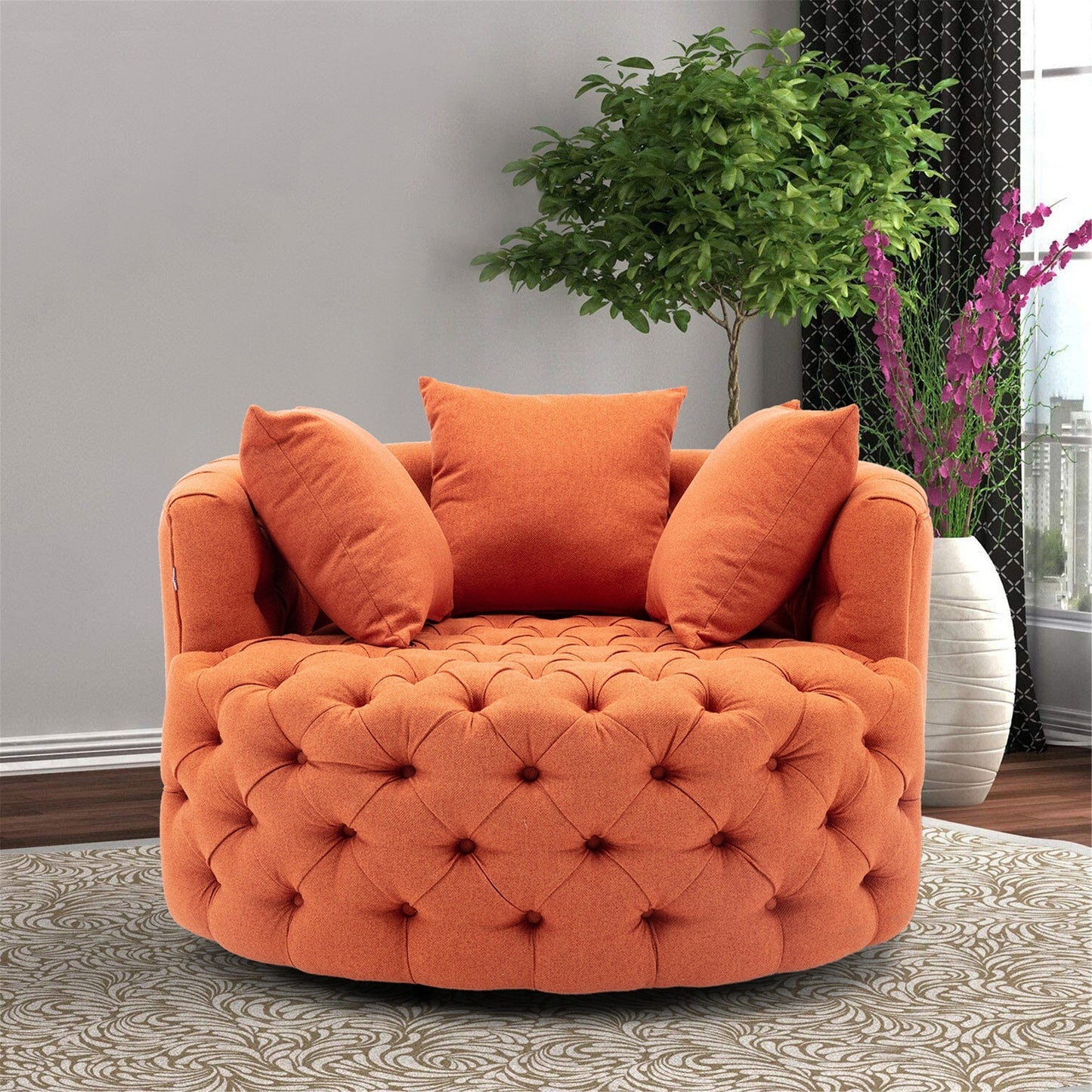 Modern Leisure Tufted Linen Swivel Chair in Orange
