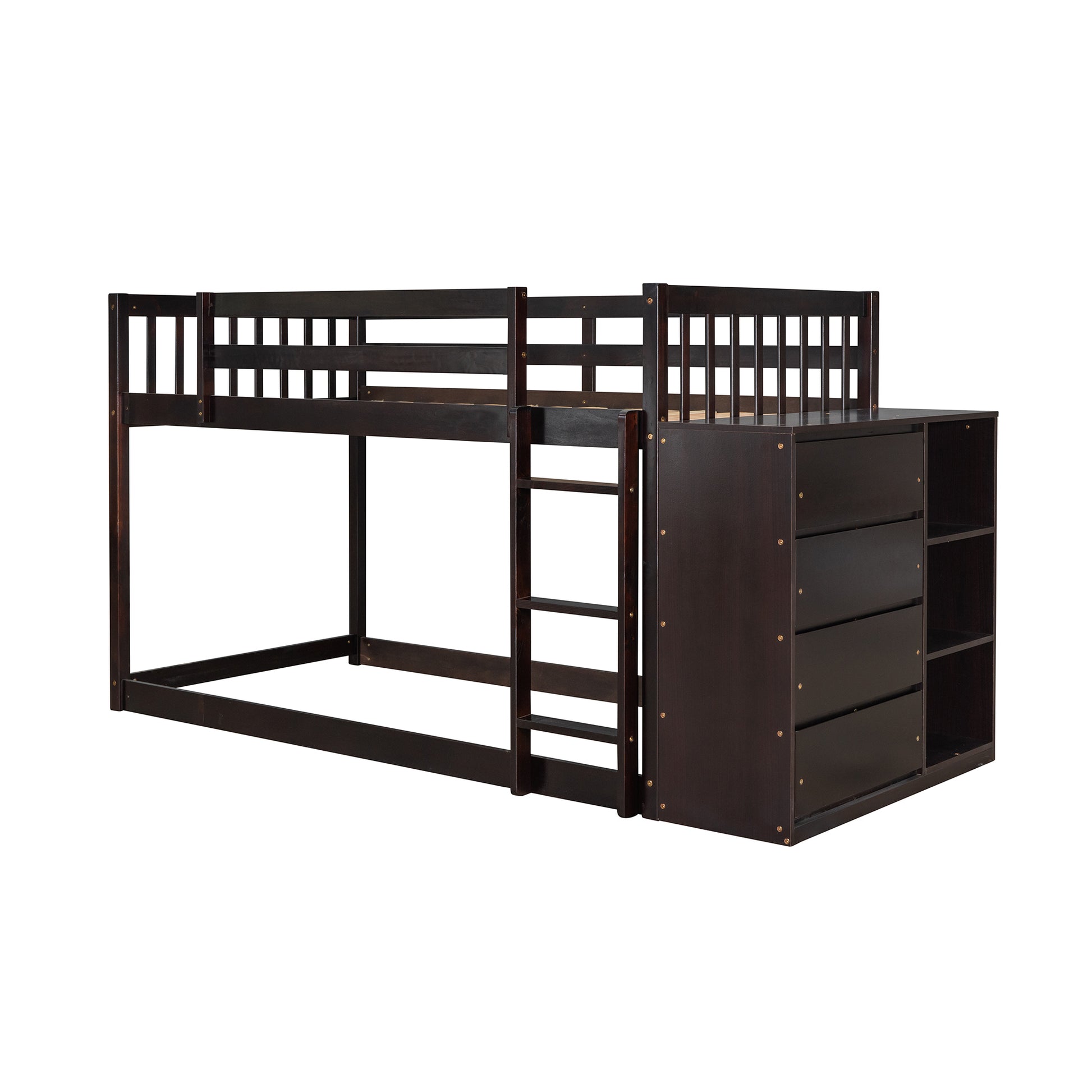 Twin over Twin Bunk Bed with 4 Drawers and 3 Shelves-Espresso