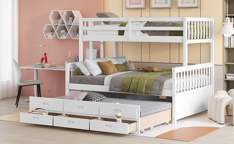 Twin-Over-Full Bunk Bed with Twin size Trundle , Separable Bunk Bed with Drawers for Bedroom - White