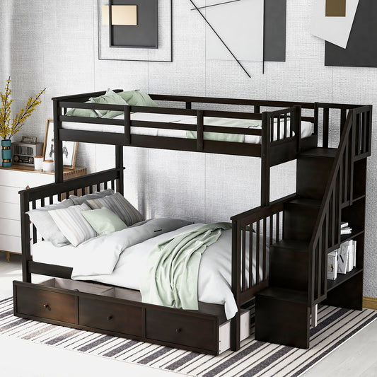Homey Life Stairway Twin-Over-Full Bunk Bed with Drawer - Espresso