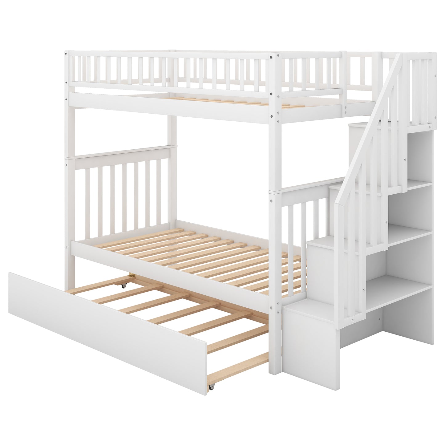WM Store Twin over Twin Bunk Bed with Trundle and Storage, White