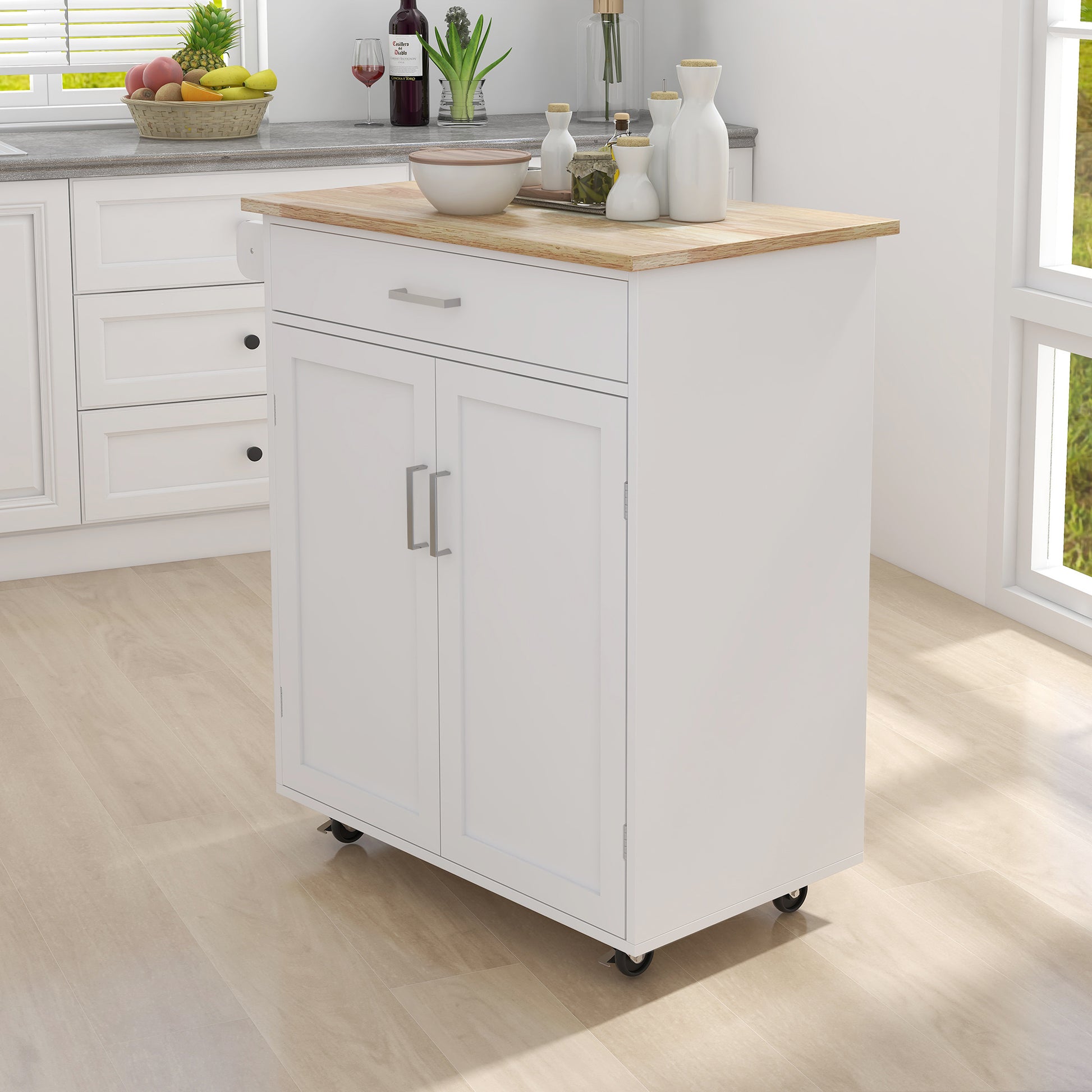 Kitchen Island on Casters with Towel Rack
