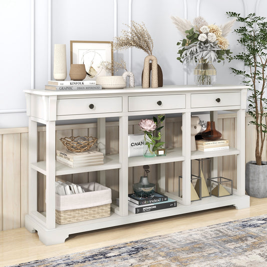 Transitional Console Table with 3 Drawers & Open Shelves - Antique White