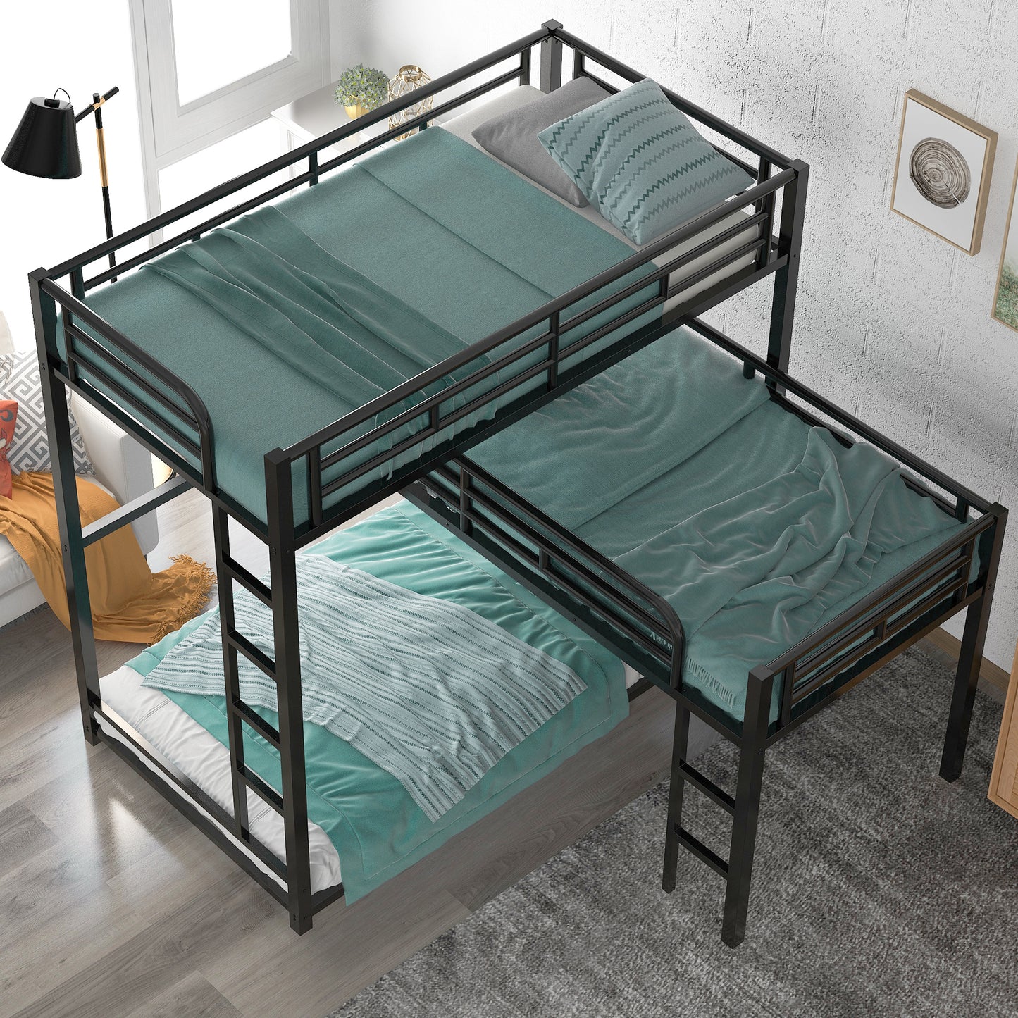 L-shaped Metal Triple Twin Size Bunk Bed, Black