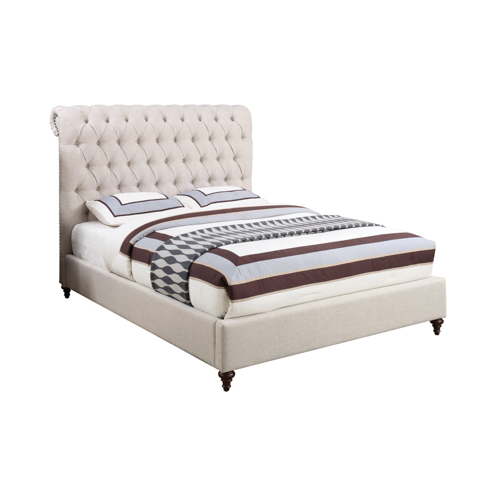 Devine Queen Size Upholstered Bed With Tufted Headboard & Nailhead Accents