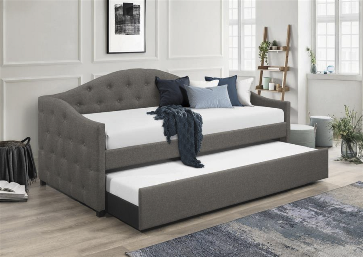 Sadie Camelback Daybed & Trundle in Gray Woven Fabric
