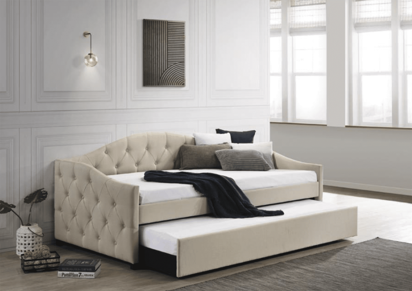 Sadie Camelback Daybed & Trundle in Taupe Woven Fabric