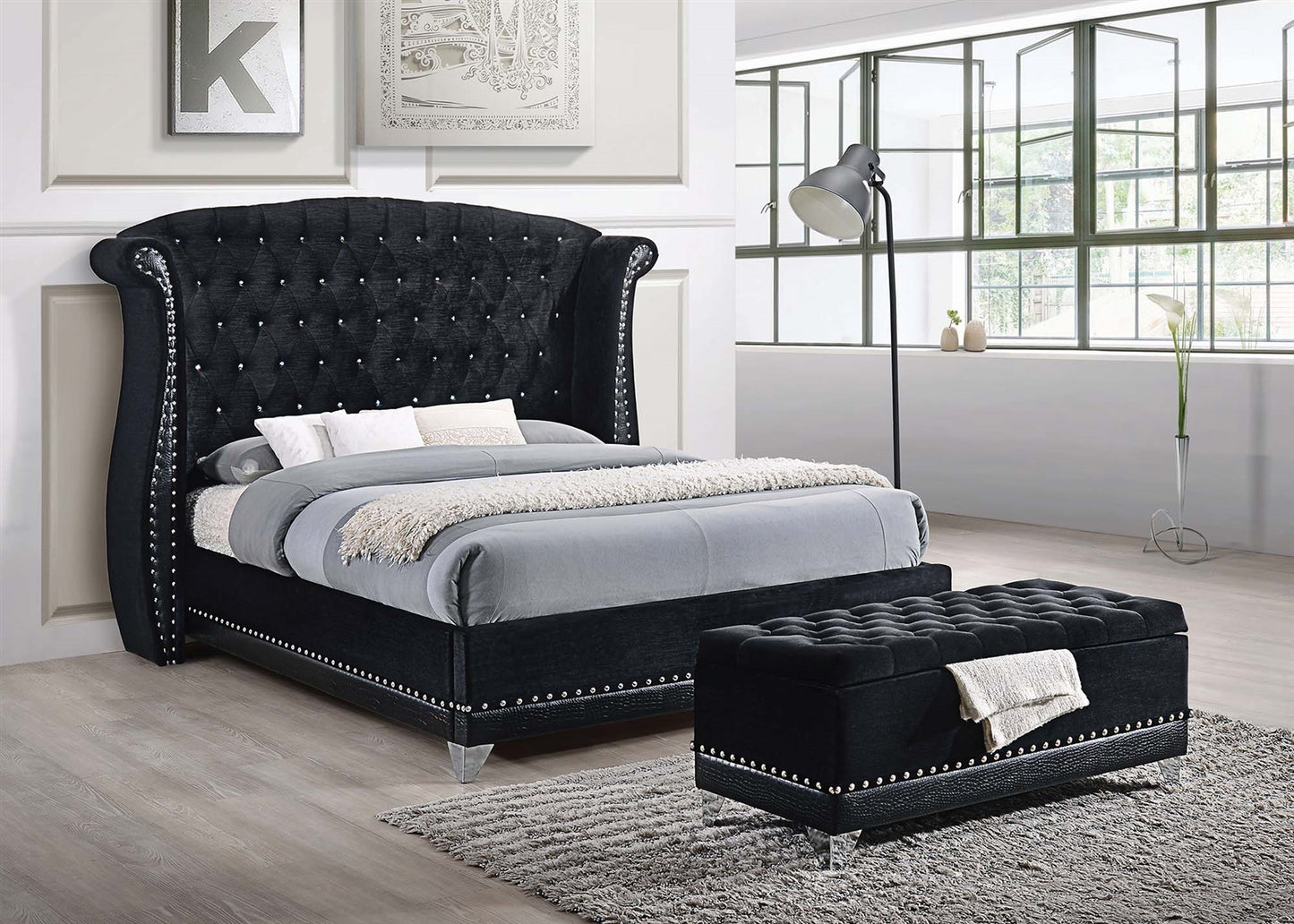 Barzini Modern Black Velvet Queen Bed with Silver Stud Trim & Chrome Feet