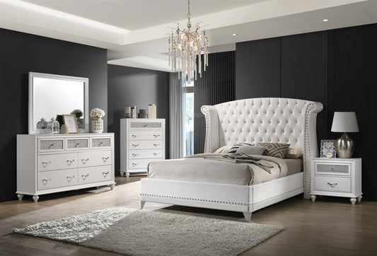 Barzini Modern White Velvet Queen Bed with Silver Stud Trim & Chrome Feet