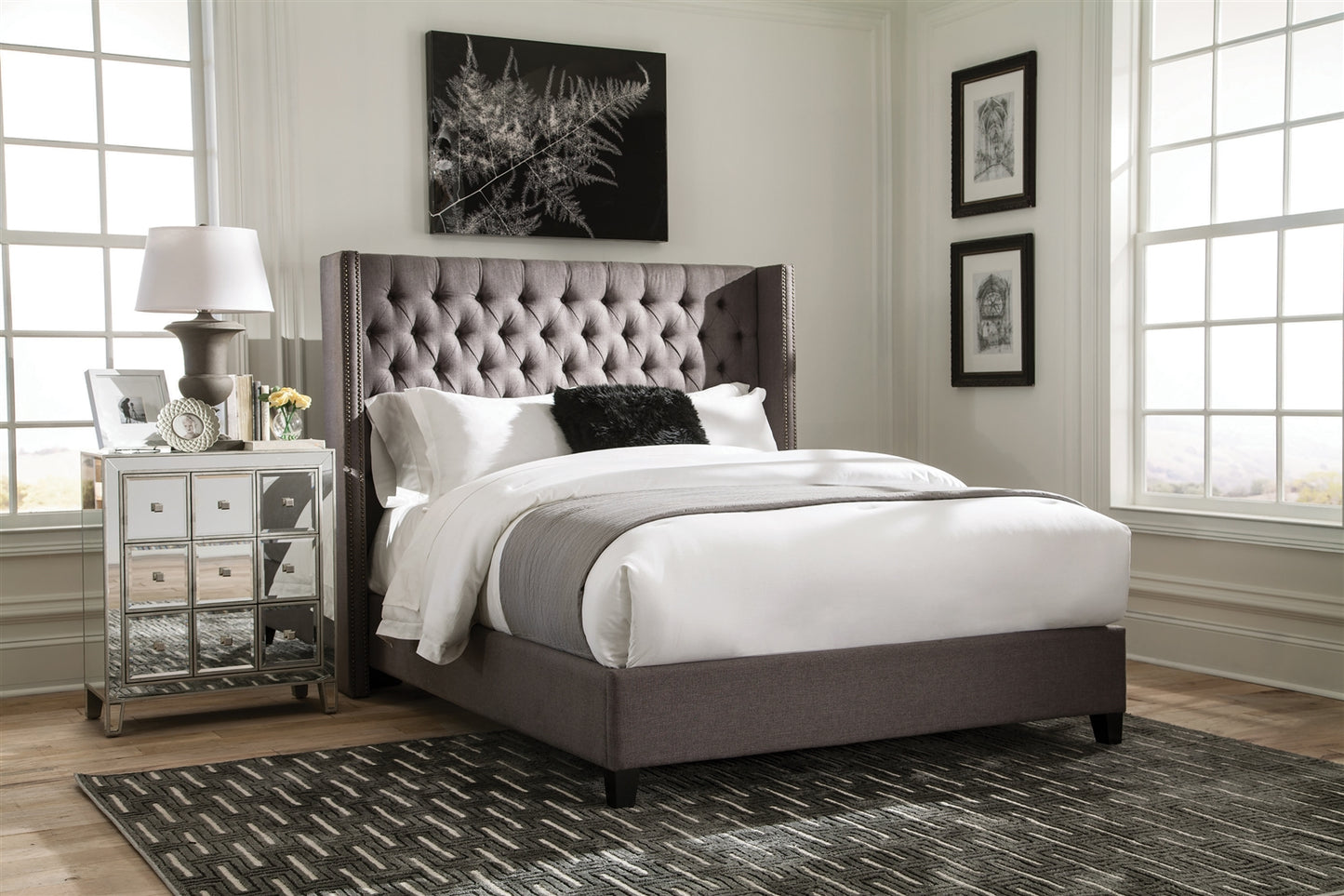 Bancroft Demi-Wing Queen Bed in Grey Woven Fabric