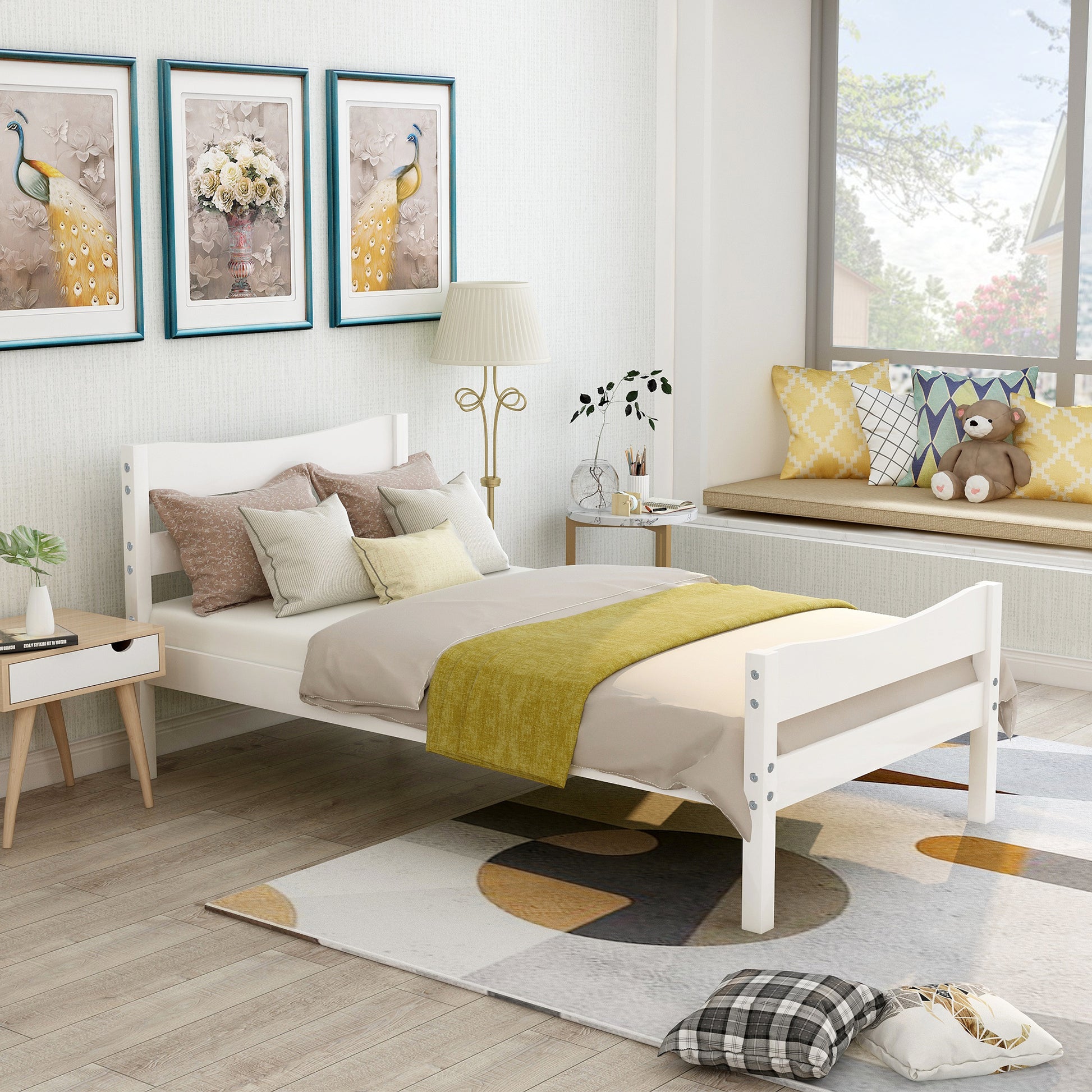 Traditional Twin Size Wooden Platform Bed in White