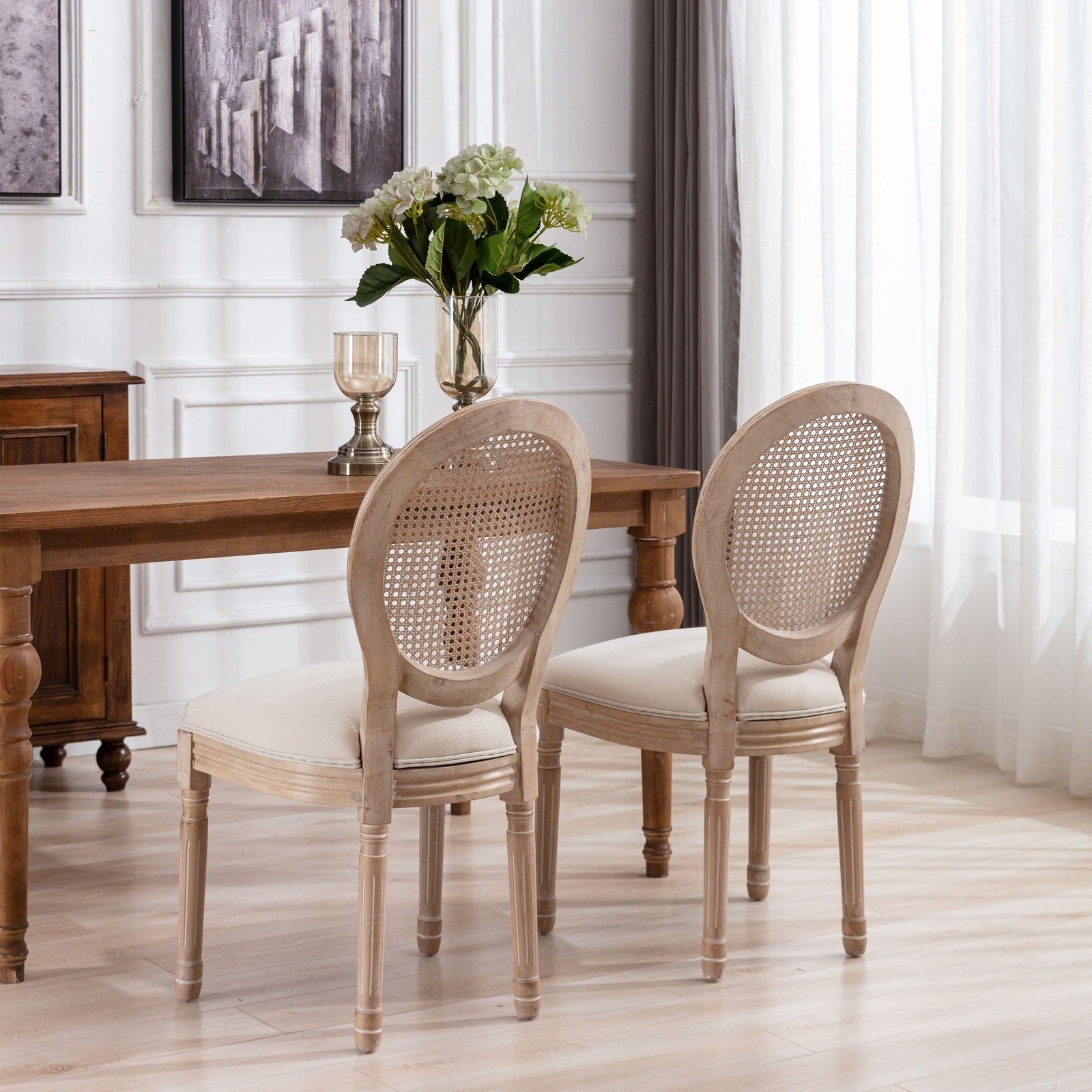 French Style Solid Wood Frame Antique Painting Linen Fabric Rattan Back Dining Chair,Set of 2,Cream
