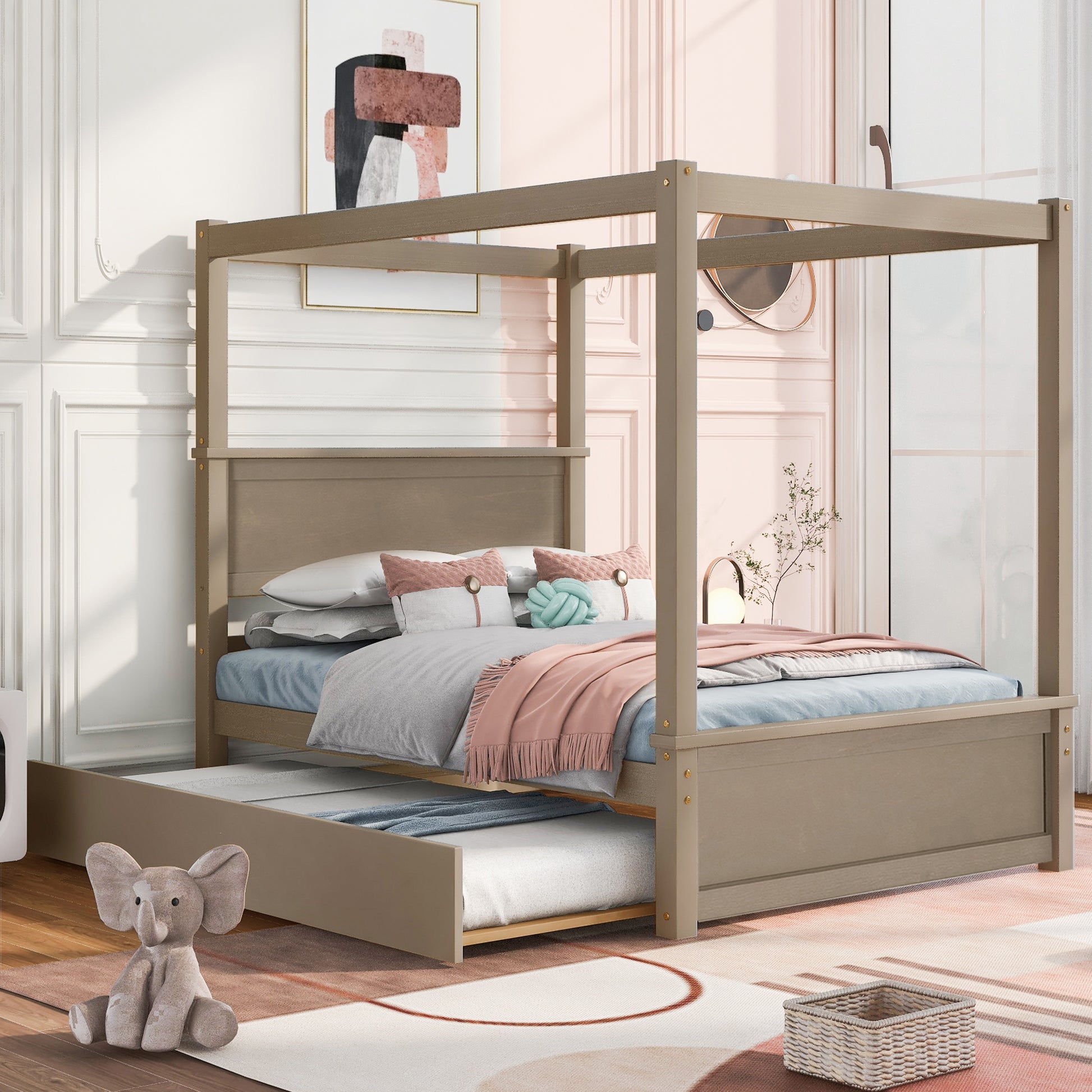 Full Size Wooden Canopy Bed in Brushed Light Brown