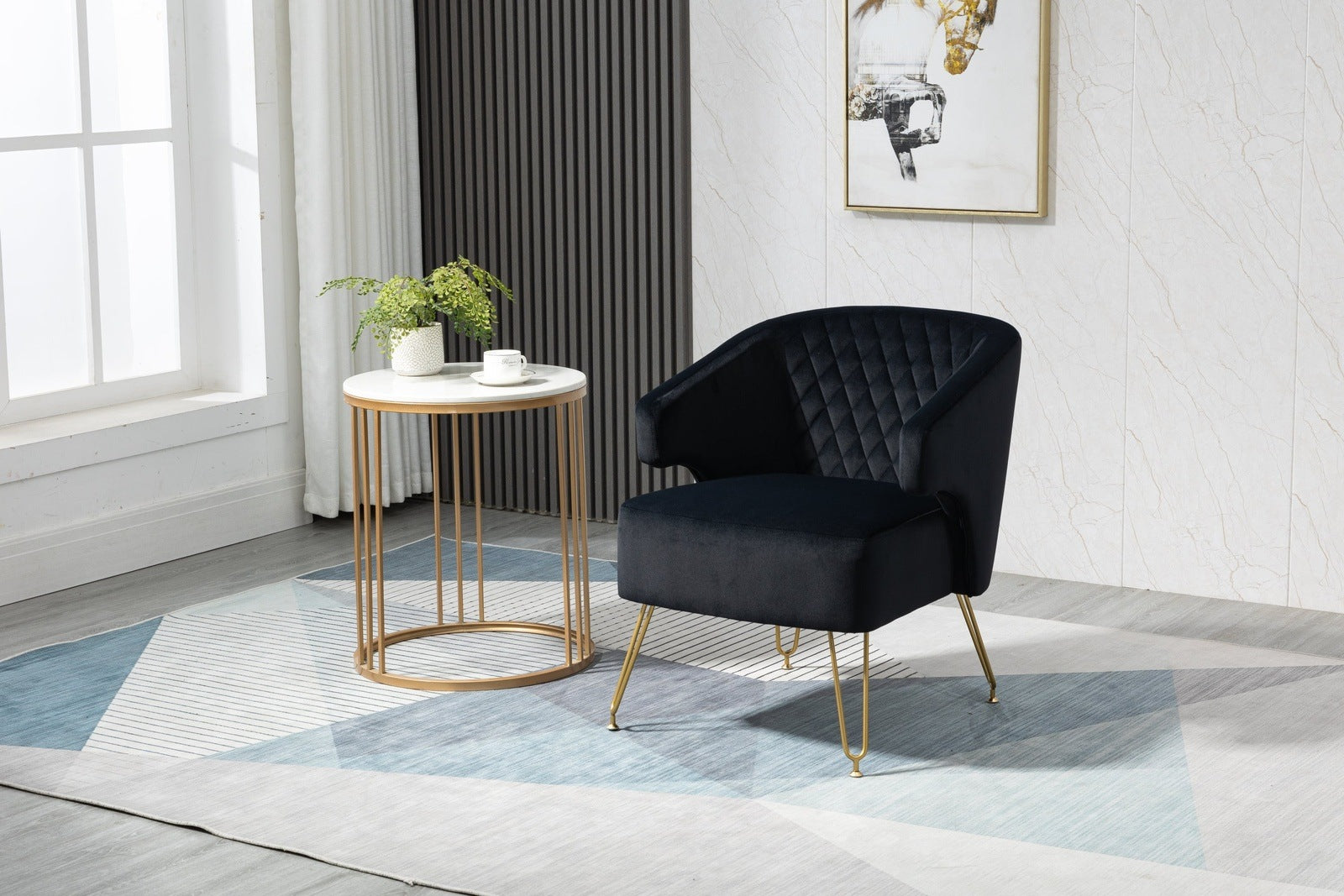 Modern Velvet Accent Chair with Gold Legs in Black