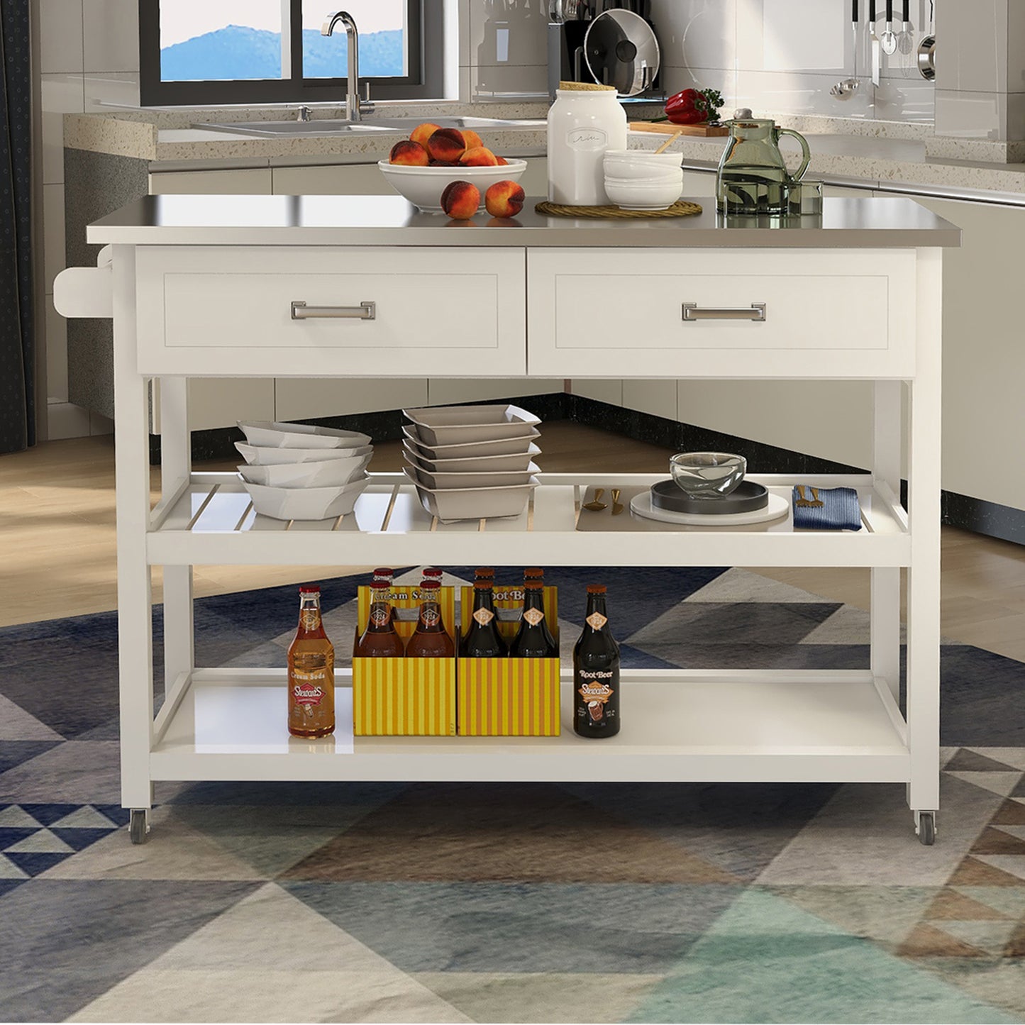 White Kitchen Cart with Stainless Steel Table Top & 2 Drawers
