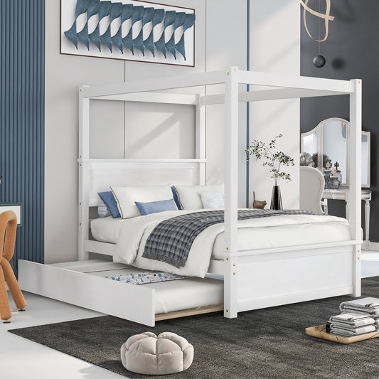 Full Size Canopy Platform Bed with Trundle in White