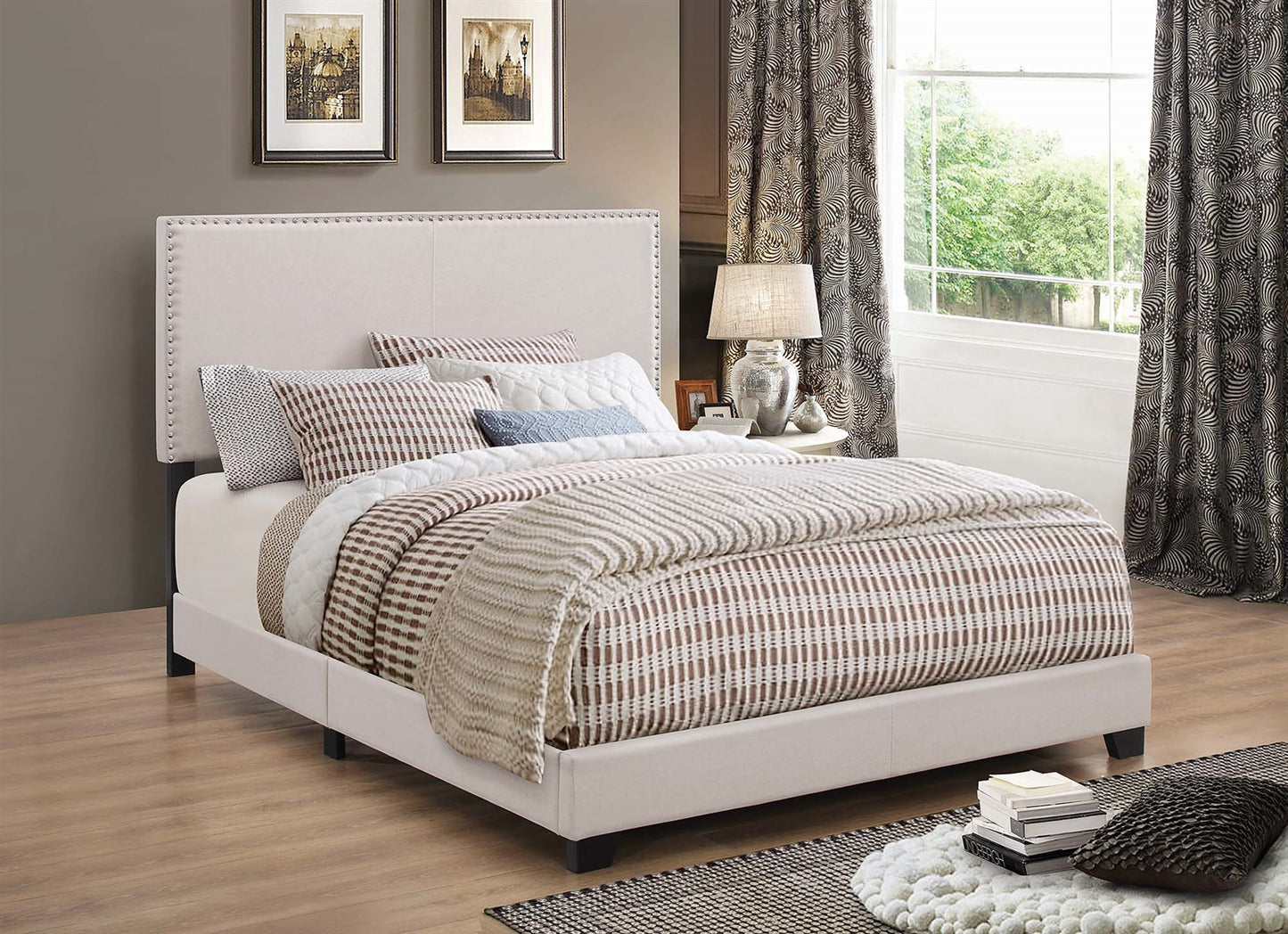 Indi Ivory Upholstered Twin Bed with Nailhead Trim
