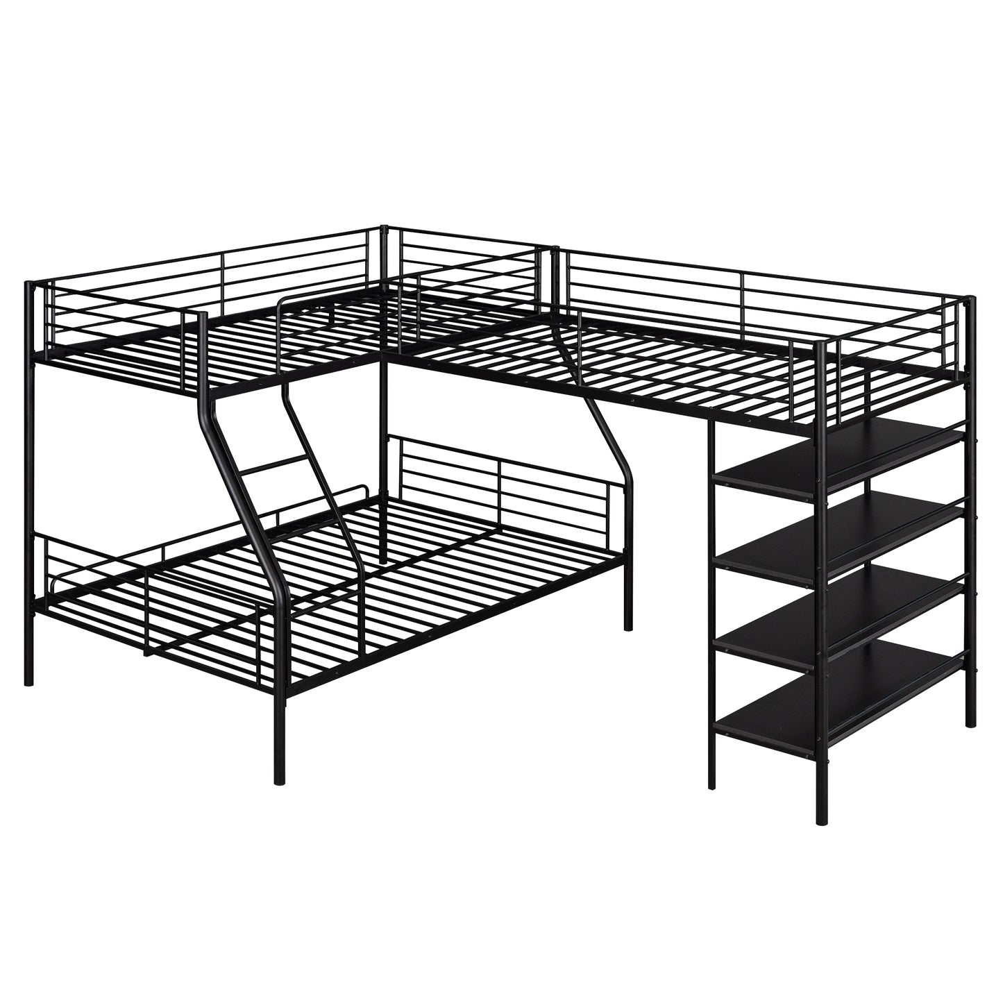L-Shaped Metal Twin over Full Bunk Bed and Twin Size Loft Bed with Four Built-in Shelves,Black