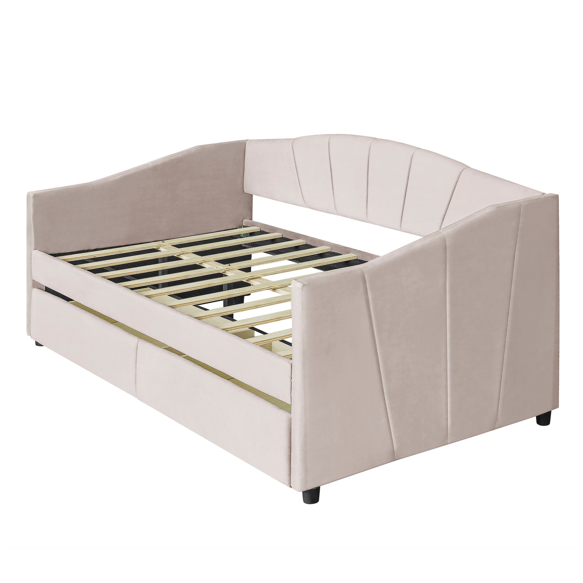 Upholstered daybed Twin Size with Two Drawers and Wood Slat ,Beige