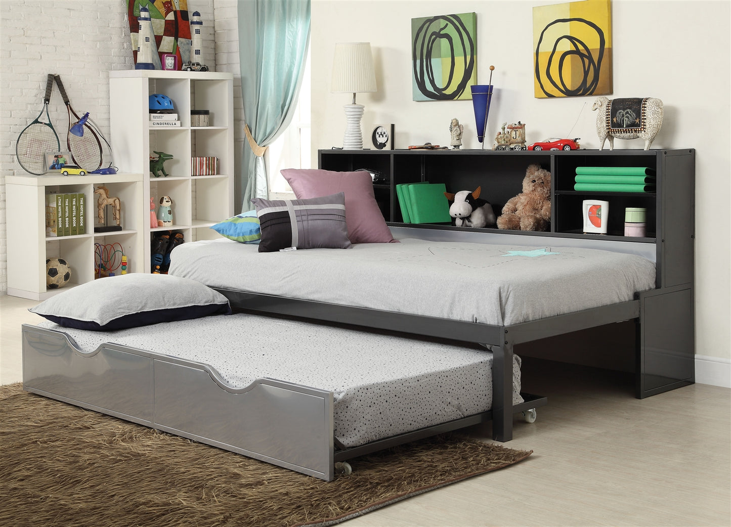 Renell Metal Bookcase Bed with Trundle