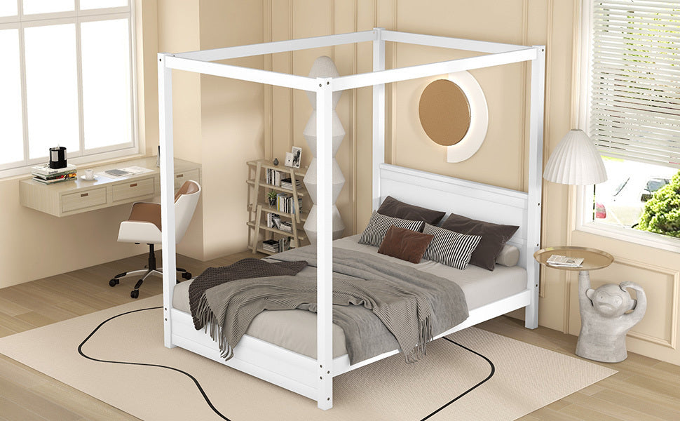Full Size Canopy Platform Bed with Headboard and Support Legs,White